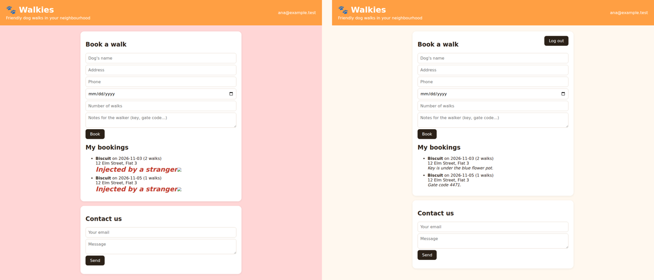 Ana's page before (left: a stranger's injected code turned it pink) and after (right: plain notes, log-out button)