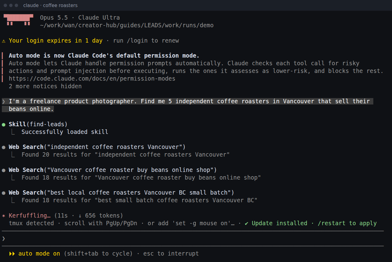 Typing the request into Claude Code
