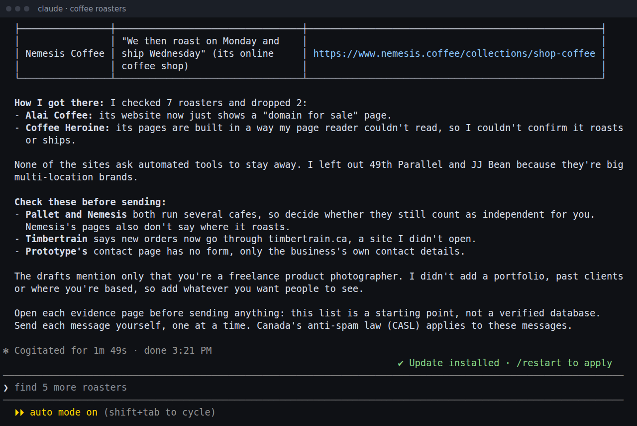 Claude's summary: what it checked, dropped and wants you to check