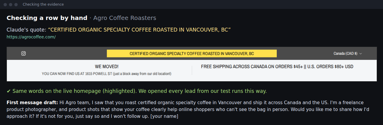 Checking a row: the quote is on Agro Coffee's homepage