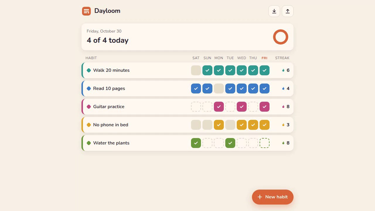 Our habit tracker, Dayloom, on a laptop after ticking off today's habits