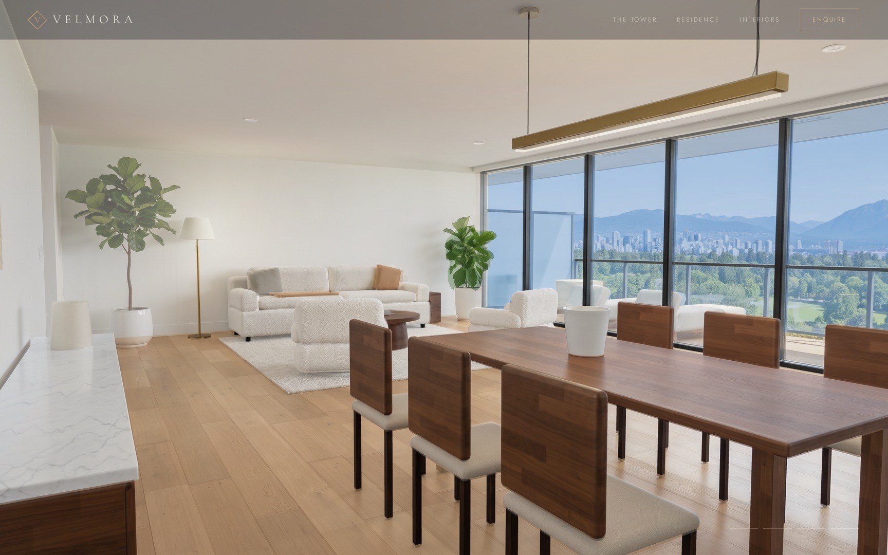 Halfway through the cross-fade from the 3D view to the living-room photo: table, chairs, pendant and sofa line up