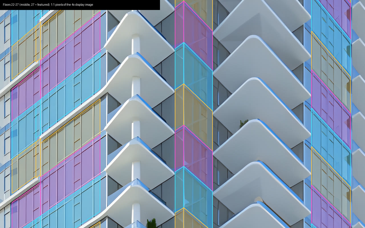 Every interactive floor outlined in alternating colours, middle of the tower, at 1:1 on the display image