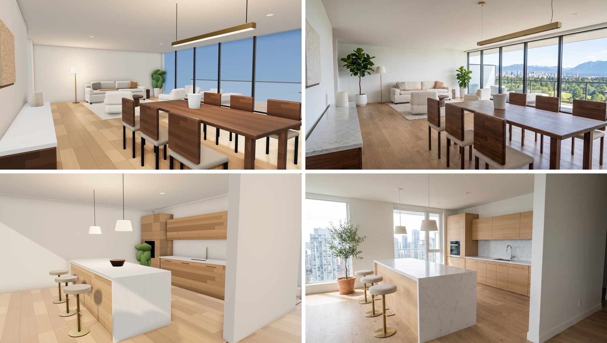 The living room and kitchen as three.js renders (left) and after the photo pass (right)