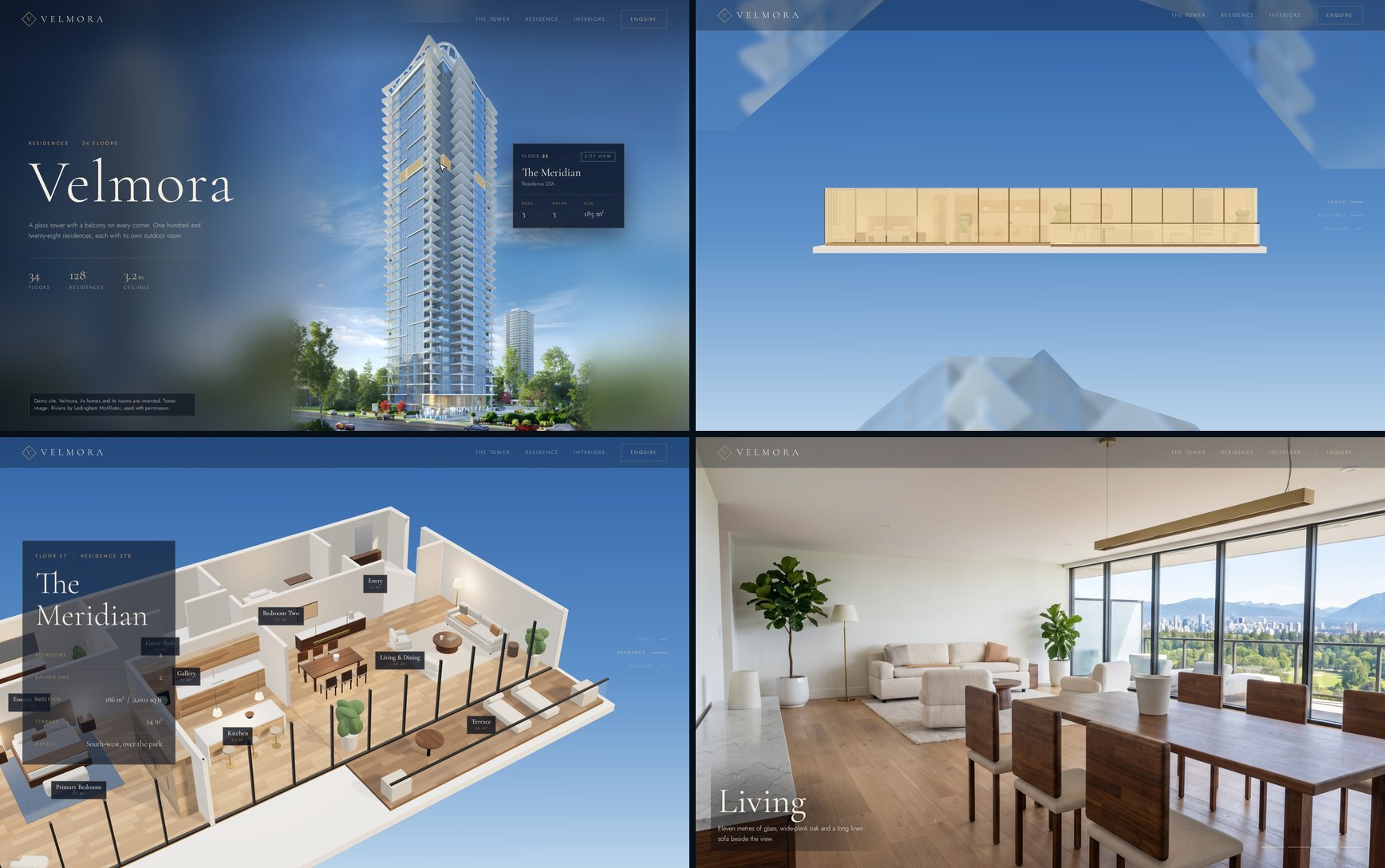 The Velmora demo: a floor of the tower in gold, the gold outline fading on the 3D apartment's glass, the apartment from above and the living room